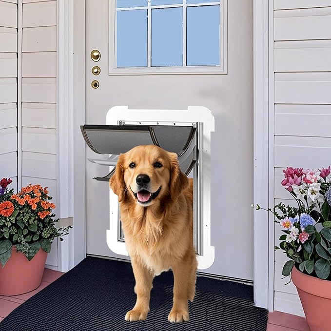 3-Flap Steel Large Dog Door for Exterior Doors with Sliding Lock Panel, Energy-Efficient Insulated Pet Door, Extreme Weather Doggy Door with Telescoping Tunnel, Never Rust(Pets Up to 100 Lb)
