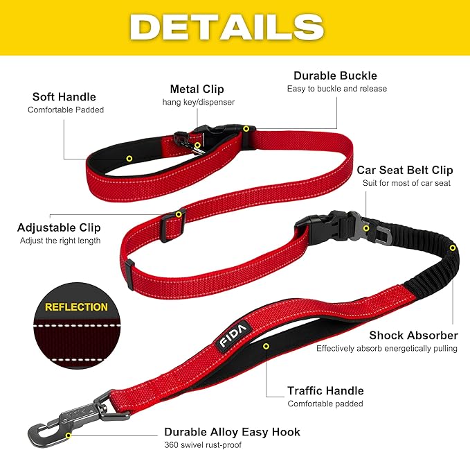 Fida 6-in-1 Hands Free Dog Leash Heavy Duty, Reflective Wasit Corssbody Dog Leash with Car Seat Clip | Adjustable for Running Hiking | Shock Absorbing Bungee, Dual Padded Detachable Handles (Red)
