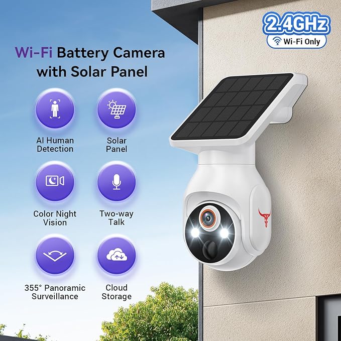 1080P Solar Security Cameras Wireless Outdoor, 360° View Pan/Tilt, Color Night Vision, Easy to Install, Real-Time Alerts, 2-Way Audio, Cloud Storage (Sold Separately), 2.4Ghz Wi-Fi Only