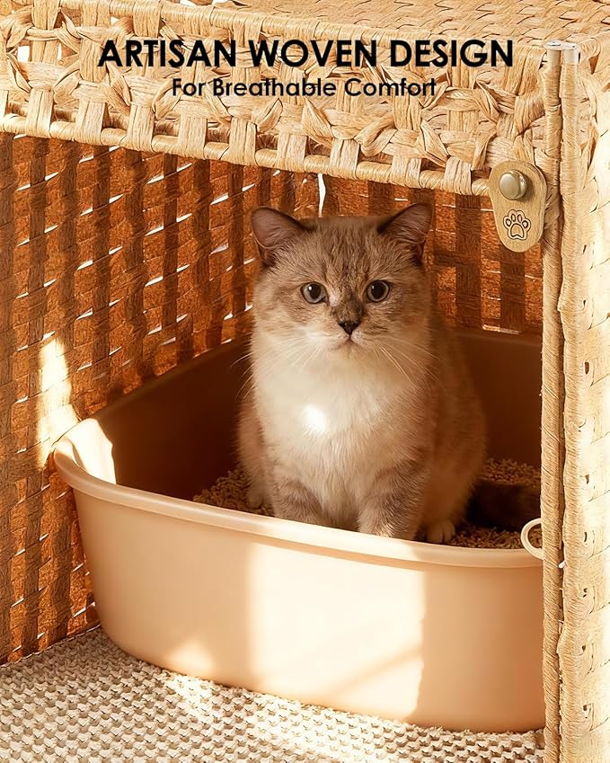 Cat Litter Box Enclosure Furniture - Handwoven Rattan Hidden Litter Box Cover with Mat and Fence, Enclosed Cat Box Furniture for Living Room & Bedroom, Natural Finish, 18.5" x 20.5" x 19.1"