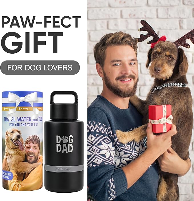 Dog Dad Gift, Insulated Dog Water Bottle with Travel Bowl, for DogLover, Portable Water Bottle Dispenser, Accessories for Car, Hiking, Camping, Outdoor, Leak-Proof, Detachable (DogDad-Black)