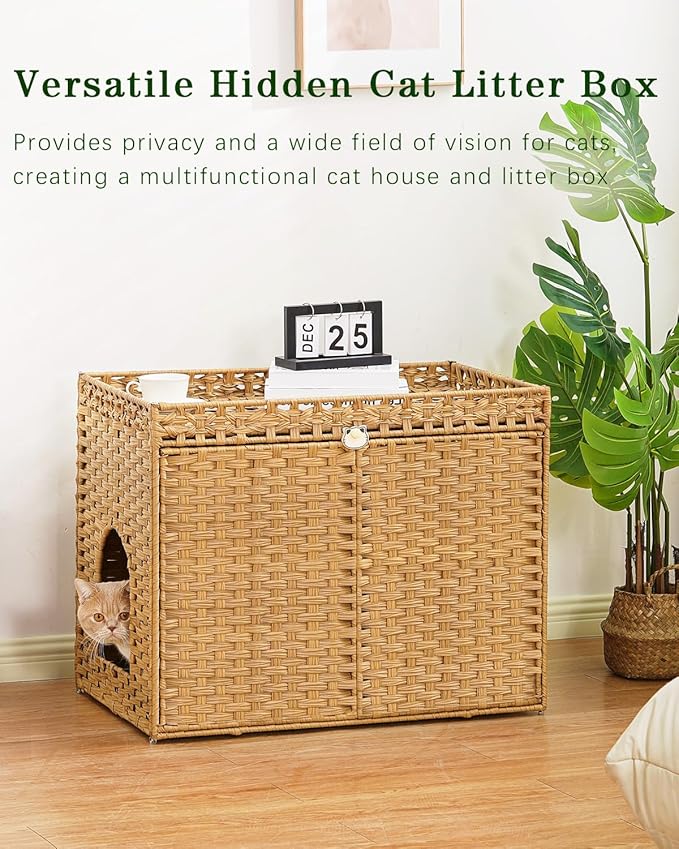 Cat Litter Box Enclosure Furniture, Handwoven Rattan Hidden Litter Box with Mat, Large Space Cat House with 2 S-Shaped Hooks 30.3 x 18.3 x 24.4 Inches, Indoor for Living Room Apartment Natural