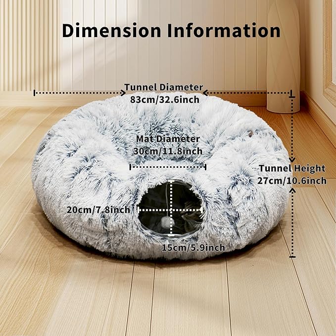 Cat Tunnel Bed for Indoor Cats with Washable Cushion Cat Cave Donut Tunnel with Fluffy Ball Big Round Tube Pet Playground Toys Soft Plush Peekaboo for Kitten, Cat, Puppy, Rabbit, Ferret