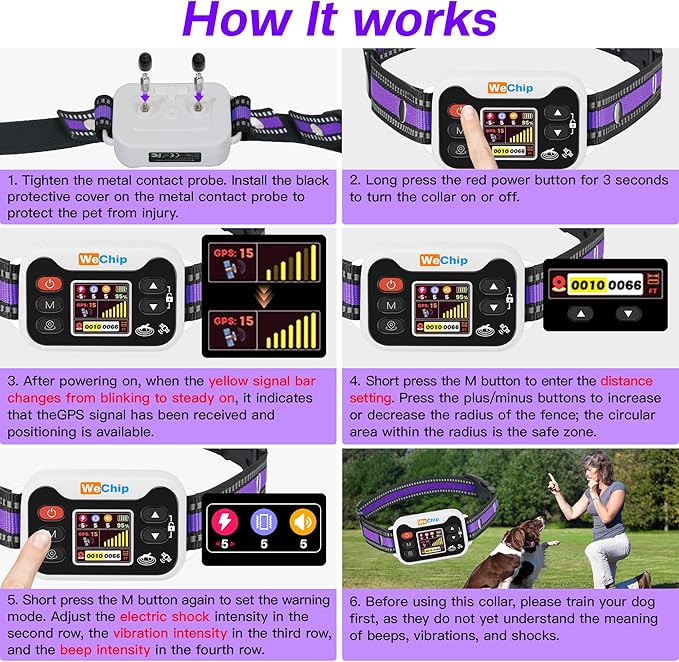 WeChip Wireless GPS Dog Fence Collar - 3 Alerts (0-9 Levels), 66-6560FT Radius, 122H Rechargeable Battery.Waterproof Shock Collar for Lawns, Farms & Walks. (Purple)