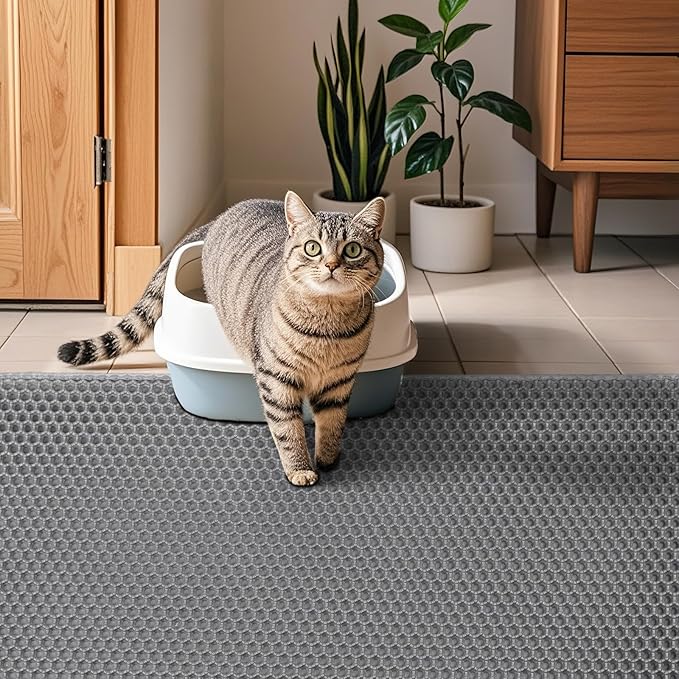 XL Cat Litter Mat - 45"x32" Extra Large, Honeycomb Double Layer Traps Litter, Washable & Urine Proof, Non-Toxic EVA for Multi-Cat Homes (Grey)