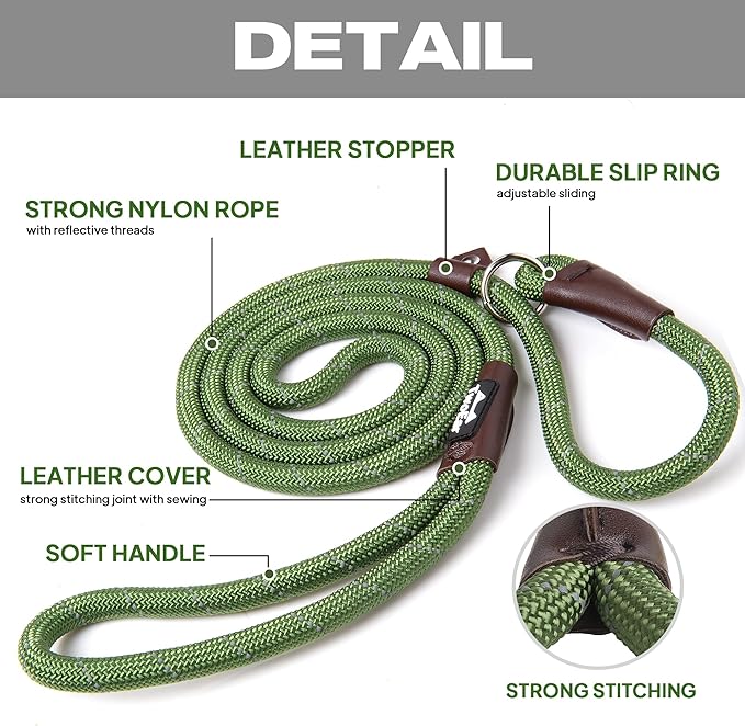 TwoEar Slip Leads for Dogs, 1/2" x 6FT Slip Leash for Large Dogs with Highly Reflective Threads, Comfortable Strong Rope Slip Leads, No Pull Pet Training Leash, Green