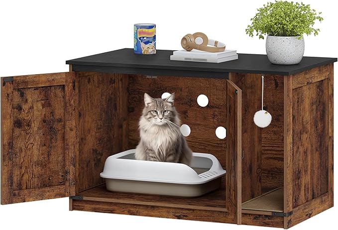 Cat Litter Box Enclosure, Hidden Litter Box Cabinet Furniture with Bell, Indoor Cats House, Farmhouse Style, 39.4 x 21.7X 24.8 Inches for Hallway, Bedroom, Rustic and Black CB85201X