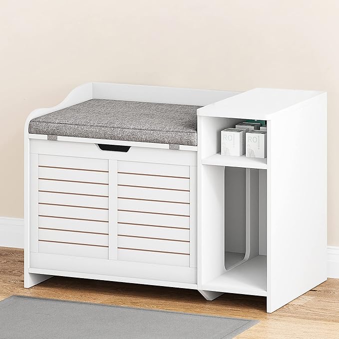 Cat Litter Box Enclosure Furniture with Top Opening and Cushion, Hidden Litter Box Cabinet with Storage, Privacy Cat Box Enclosure, White