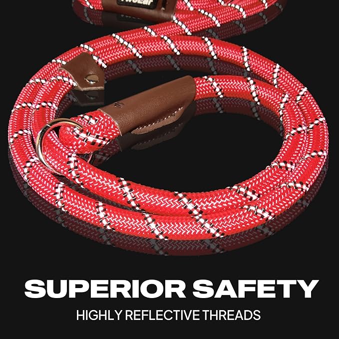 TwoEar Slip Leads for Dogs, 1/2" x 6FT Slip Leash for Large Dogs with Highly Reflective Threads, Comfortable Strong Rope Slip Leads, No Pull Pet Training Leash, Red