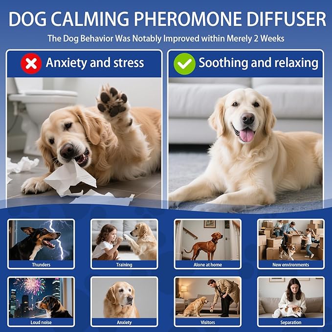 Dog Pheromone Calming Diffuser: Relaxing Pheromone Diffuser for Dogs Relief Stress Anxiety Fighting Scratching Barking, Dog Calming Pheromone Diffuser Kit with 2 Plug in Diffuser+4 Refill 48ml (6in1)