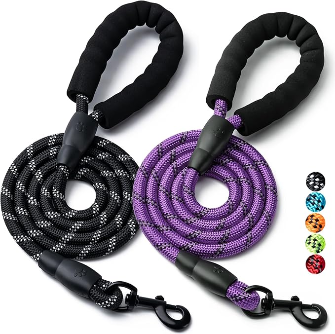 2 Pack Dog Leash, 4/5//6 FT Heavy Duty Nylon Rope Pet Leashes with Comfortable Padded Handle, Reflective Dog Leashes for Small Medium and Large Dogs (5FT-3/8,Black/Purple)