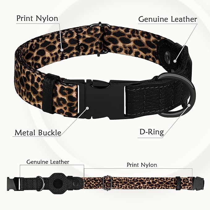 AirTag Dog Collar for Small Medium Large Breed - Adjustable Cute Pattern Dog Collar with Airtag Holder - Soft Leather Tracker GPS Apple Air Tag Pet Collars (X-Large, 20"-25" Neck Fit, Leopard)