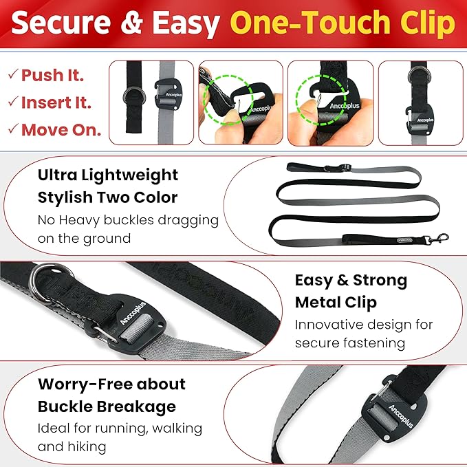 Hands Free Dog Leash, Multifunctional Crossbody Running for Dogs, Ultra-Light Dog Training Leash with Secure Clip, Short & Long Leashes, Adjustable Service Dog Leashes (Black Gray)