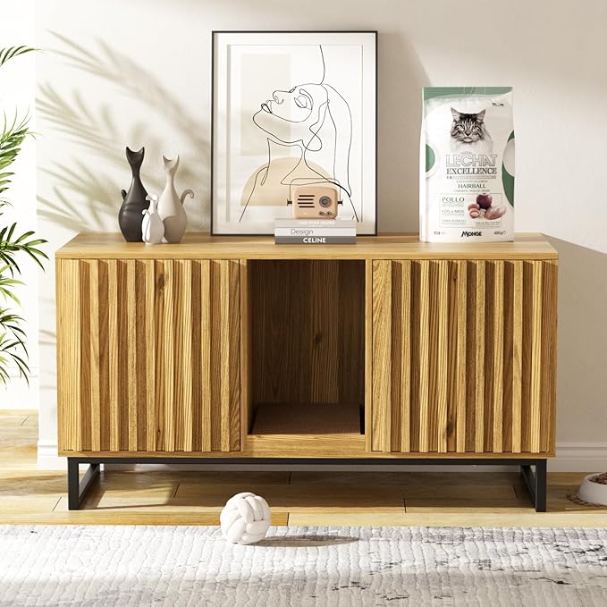 Double Litter Box Enclosure,Modern Cat Litter Box Enclosure for 2 Cats, Hidden Litter Box with Cat Scratch Pad, Cat Washroom Cat House End Table, Entryway Bench for Livingroom (Natural)