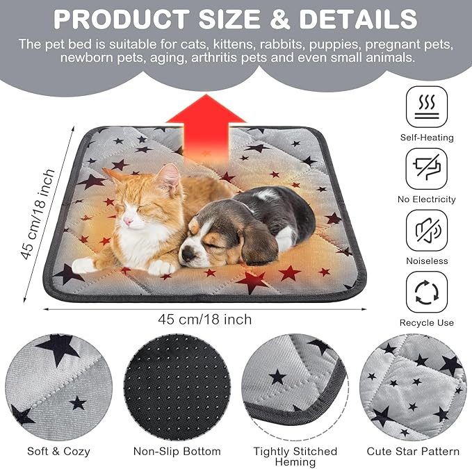 Namalu 4 Pack Self Warming Cat Bed Self Heating Cat Mat Star Pattern Soft Dog Crate Pad Thermal Pet Mat Anti Slip Kennel Dog Washable Warming Bed for Outdoor Indoor(18 x 18 Inch,Gray)