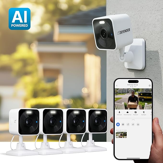 Defender GO 2K AI Powered Plug-in Indoor/Outdoor Home Business, Pet, Baby Camera, AI Detection, Dual Band Connection, Spotlight/Siren, Color Night Vision, 2-Way Talk, Works w/ClearVu App, 4 Pack