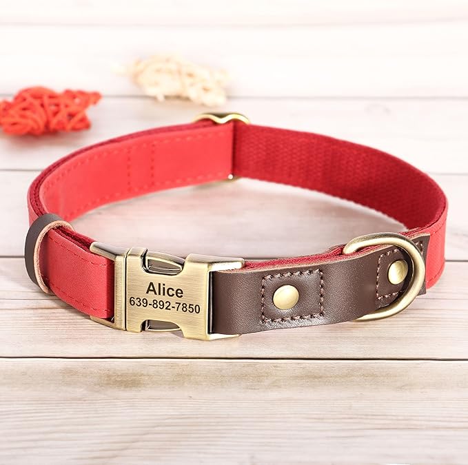 Personalized Dog Collars, Custom Soft PU Leather Dog Collar with Pet Name and Phone Number for Medium Dogs, Adjustable and Durable Pet Collars with Quick Release Metal Buckle,M(13-19")