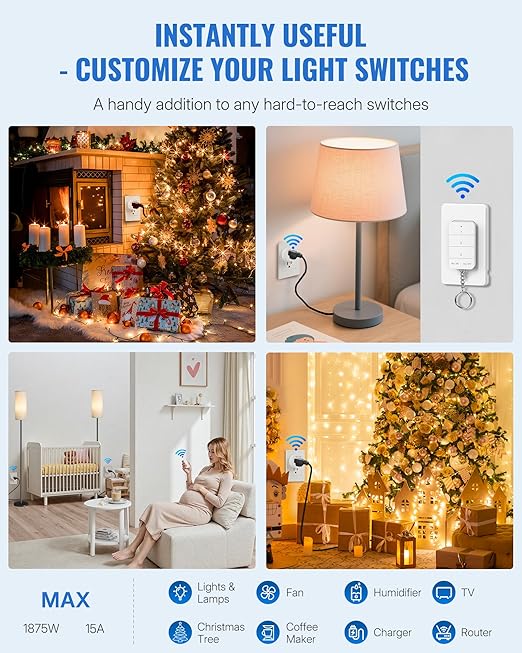 Remote Control Outlet, WILAWELS Wireless Light Switch with Magnetic Base, On Off Remote Outlet Switch for Lights, Lamps, 100ft RF Range, 15A/1875W, Pre-Programmed, 1 Remote for 3 Plugs W09RC1306