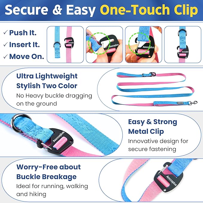 Hands Free Dog Leash, Multifunctional Crossbody Running for Dogs, Ultra-Light Dog Training Leash with Secure Clip, Short & Long Leashes, Adjustable Service Dog Leashes (Aqua Pink)