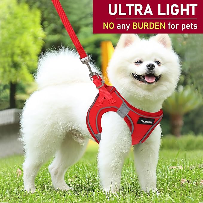 GAMUDA Small Pet Harness Collar and Leash Set, Step in No Chock No Pull Linen Fabric Soft Mesh Dog Vest Harnesses Reflective for Dogs Puppy Cats Kitten Rabbit (Red, XS)