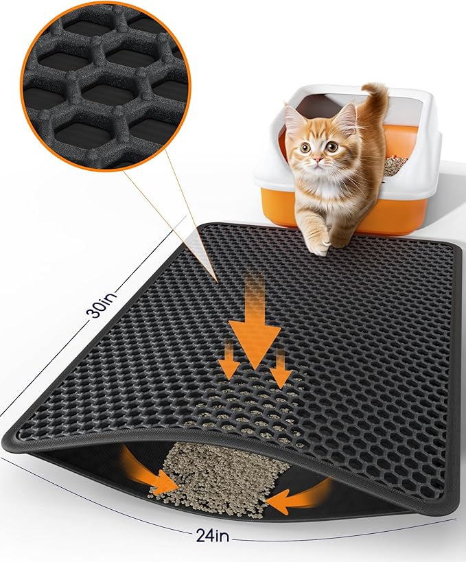 Cat Litter Mat - 30" x 24" Large Litter Box Mat with Double Layers, Urine-Proof and Non-Slip Litter Trapping Mat, Easy to Clean Kitty Litter Mats for Floor, Scatter Control, Black