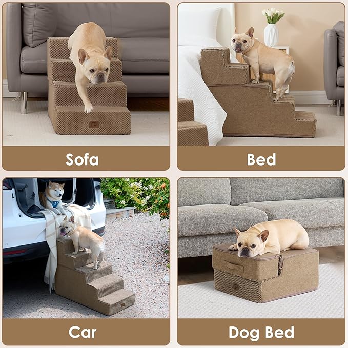 EHEYCIGA Dog Stairs for Bed 18" H, 4-Step Dog Steps for High Bed, Pet Steps for Small Dogs and Cats, Non-Slip Balanced Pet Ramp Indoor, Camel