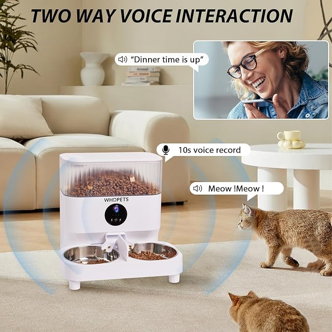 Automatic Cat Feeders, WHDPETS 5G WiFi Cat Food Dispenser with 1080P Camera for 2 Cats & Dogs, 5L Pet Feeder with Feeding Mat, APP Control, 2-Way Audio,Dual Power Supply