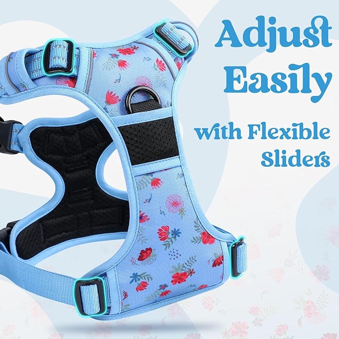 rabbitgoo Dog Harness Medium Sized, No Pull Pet Harness with 3 Buckles, Adjustable Soft Padded Vest with Control Handle, Walking Reflective Pet Vest for Medium Dogs, Floral Blue, M
