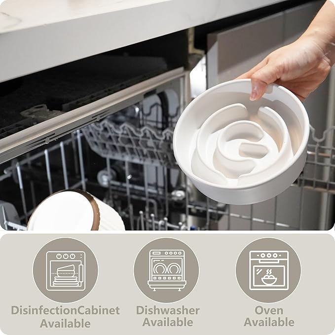 Ceramic Slow Feeder and Water Bowl Set for Small Dogs, 6.0inch Ceramic Dog Bowls Elevated with Wooden Stand, 0.6 Cups Dog Slow Feeder(14oz) and 30oz Water Bowl Set, White