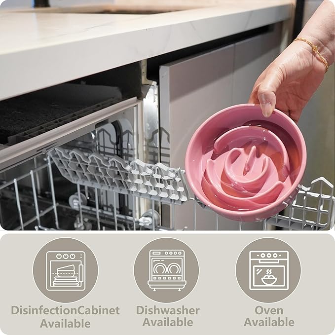 Ceramic Slow Feeder and Water Bowl Set for Small Dogs, 6.0inch Ceramic Dog Bowls Elevated with Wooden Stand, 0.6 Cups Dog Slow Feeder(14oz) and 30oz Water Bowl Set, Pink