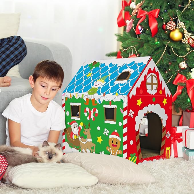 Cinrobiye Christmas Cardboard Cat House with Scratcher DIY Coloring Pet Gingerbread Board Bed Cave Playhouse Hideaway Hideout Condo Decor Animals Scratch Box for Indoor Cats Kittens Rabbits Bunny