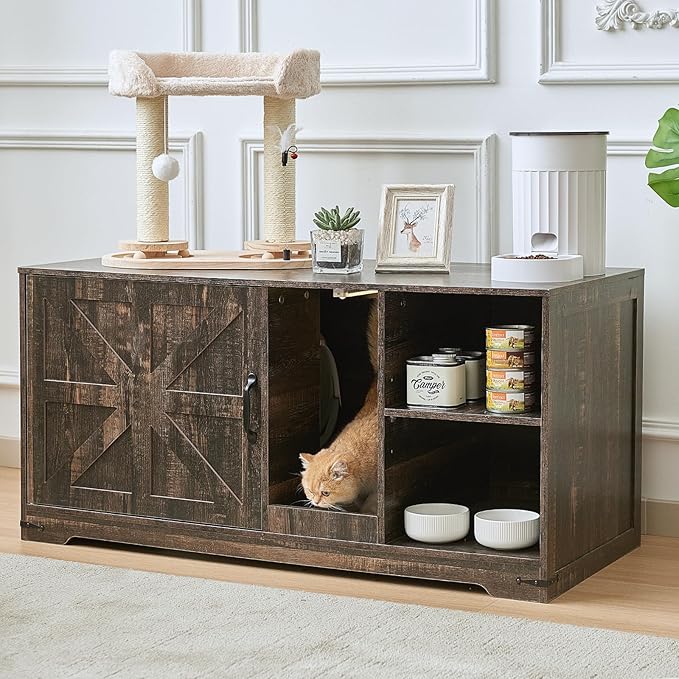 Litter Box Enclosure, Hidden Litter Box Furniture Cabinet with Storage, Cardboard and Sensor Light, Wood Indoor Cat House Washroom, Farmhouse Style, Rustic Brown