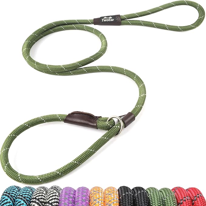 TwoEar Slip Leads for Dogs, 1/2" x 6FT Slip Leash for Large Dogs with Highly Reflective Threads, Comfortable Strong Rope Slip Leads, No Pull Pet Training Leash, Green