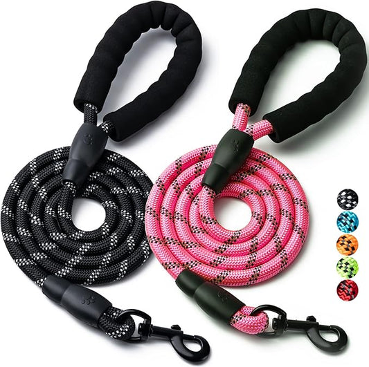 2 Pack Dog Leash, 4/5//6 FT Heavy Duty Nylon Rope Pet Leashes with Comfortable Padded Handle, Reflective Dog Leashes for Small Medium and Large Dogs (6FT-1/2,Black/Pink)