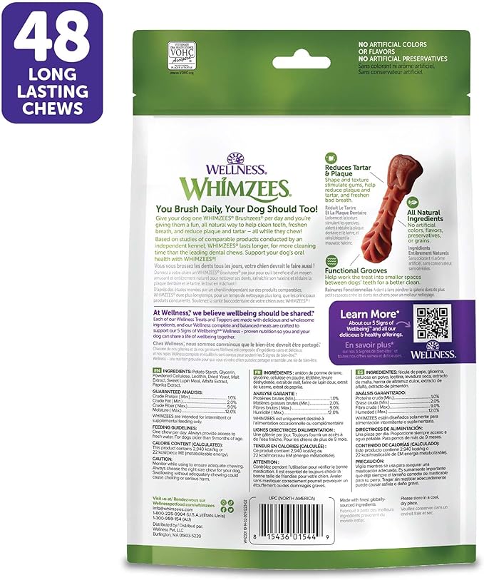 WHIMZEES Wellness Brushzees Dog Dental Treats, Natural Chews, Extra Small Size Stick, (48 Count)