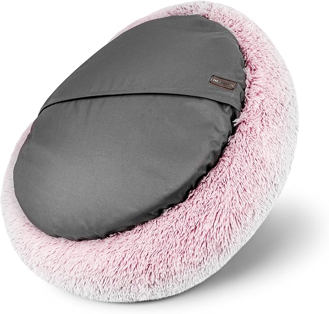 The Dog’s Bed Sound Sleep Original Calming Dog & Cat Bed, Anti-Anxiety Large Rose Pink Fur Donut Nest Snuggler, with Removable Cover, Veterinary Approved