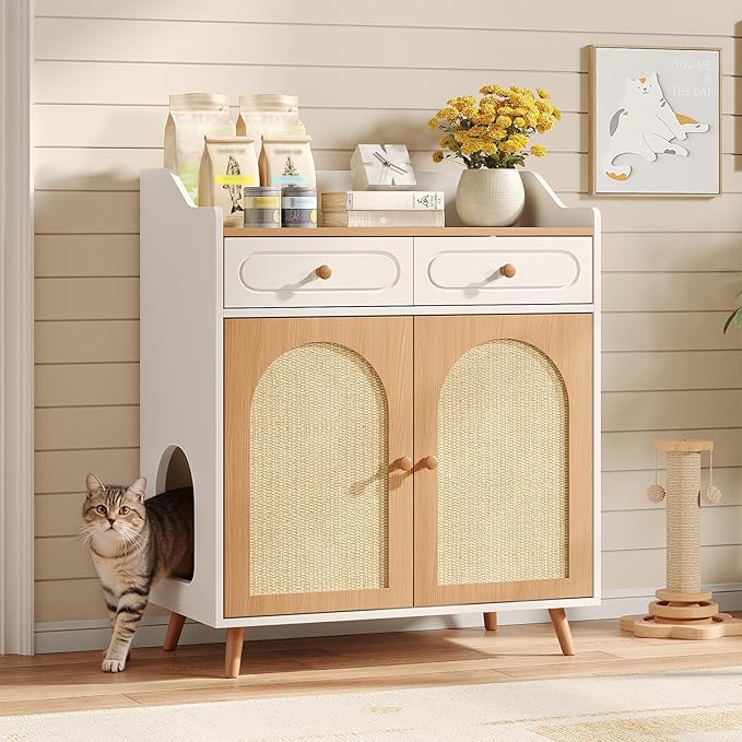 Cat Litter Box Enclosure Furniture, Wooden Hidden Litter Box Furniture with Double Rattan Scratching Board Doors, 2 Drawers, Litter Box Cabinet, Cat Cabinet, Natural