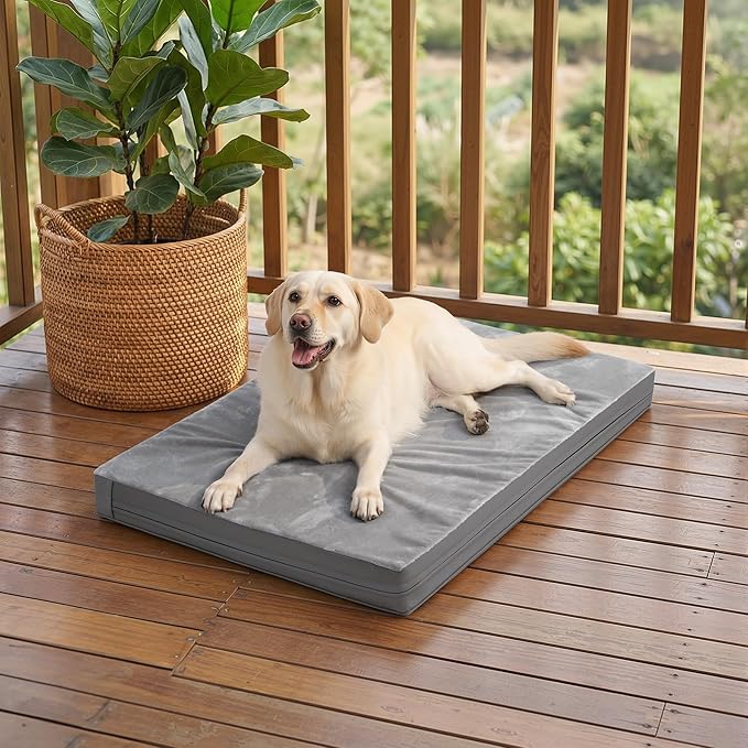 Vonabem Waterproof Dog Bed Large Medium Sized Dogs - Outdoor Orthopedic Crate Pad, Washable Pet Beds Removable Cover, Egg Crate Foam Support, Durable Leather Anti-Slip Kennel Pads 35"x22", Gray