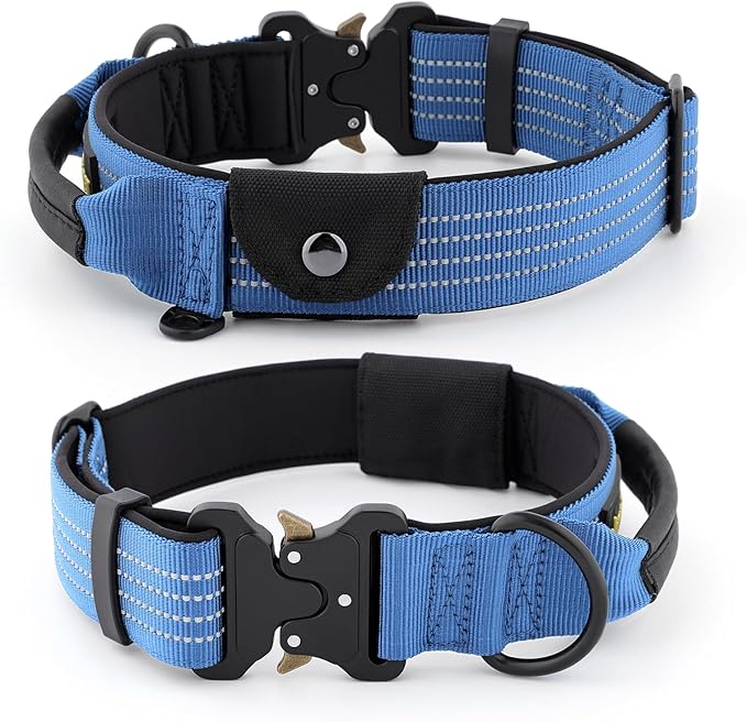 Plutus Pet Tactical Dog Collar with Tracker Packet for AirTag, Adjustable Reflective Nylon Collar, Metal Buckle, Leather-Wrapped Handle, Soft Padded for Medium Large Dogs (Blue, L)