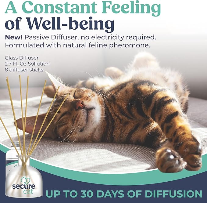 SecureCat Calming Diffuser for Supporting Calm and Well-Being to Help Relieve Any Feeling of Anxiety or Stress, Cat Pheromone Passive Stick Diffuser Home Starter Kit