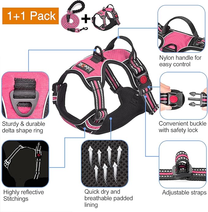 No Pull Dog Harness Adjustable Reflective Oxford Easy Control Medium Large Dog Harness with A Free Heavy Duty 5ft Dog Leash
