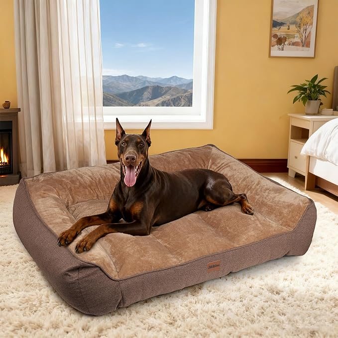 Orthopedic Dog Bed for Extra Large Dogs - Waterproof Memory Foam Dog Couch Bed with Sides, Pet Beds with Washable Cover & Non-Slip Bottom, Brown, 48x35 Inch