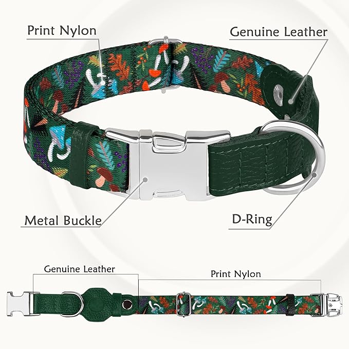 AirTag Dog Collar for Small Medium Large Breed - Adjustable Cute Pattern Dog Collar with Airtag Holder - Soft Leather Tracker GPS Apple Air Tag Pet Collars (X-Large, 20"-25" Neck Fit, Mushroom)