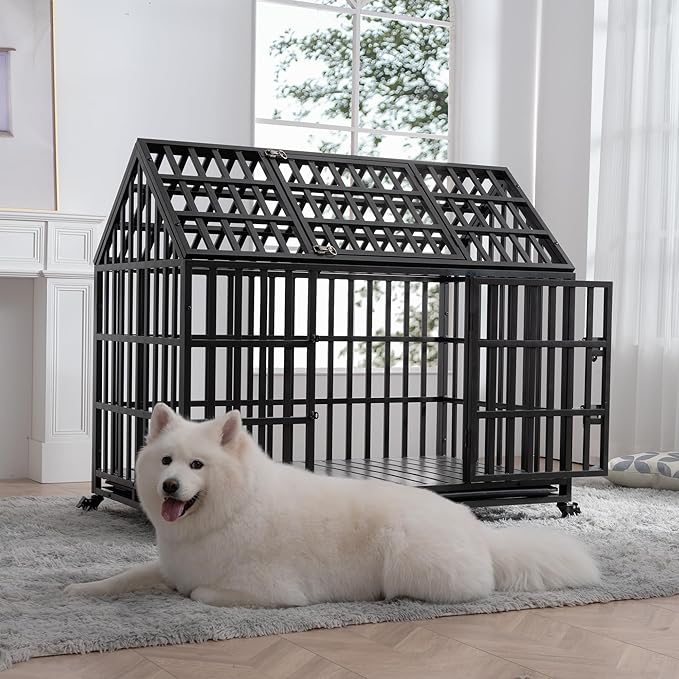 52/48/44 Inch Heavy Duty Dog Crate Indestructible and Escape-Proof Dog Cage Kennel for Large Medium Dogs Extra Large XL XXL with Lockable Wheels Removable Tray Double Door Black