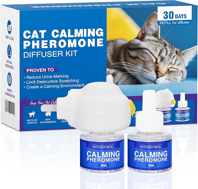 Cat Calming Pheromone Diffuser - Stops Urine Marking & Scratching, Reduce Fighting Spraying Cat Calming Diffuser, Drug-Free Formula for Anxious Cats, 1 Diffuser + 2 Refills Last 60 Days