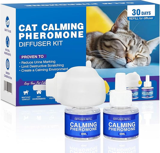 Cat Calming Pheromone Diffuser - Stops Urine Marking & Scratching, Reduce Fighting Spraying Cat Calming Diffuser, Drug-Free Formula for Anxious Cats, 1 Diffuser + 2 Refills Last 60 Days