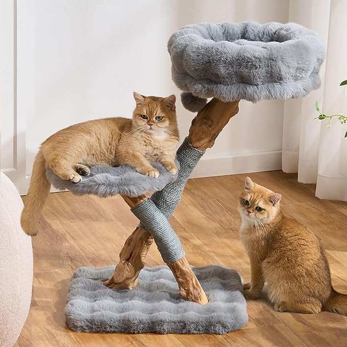 Cat Tree Modern Sturdy Solid Wood Cat Tower for Large Cat with Scratching Post for Indoor, Multifunctional Cat Tower with Cozy Bed and Platforms