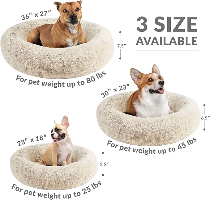 Friends Forever Serena Donut Memory Foam Orthopedic Dog Bed, Soft Faux Fur Oval Cat Couch For Indoor Pet, Fluffy Calming Plush Shag, Round Raised Bolster Cushion, Machine Washable Cuddler, Tan