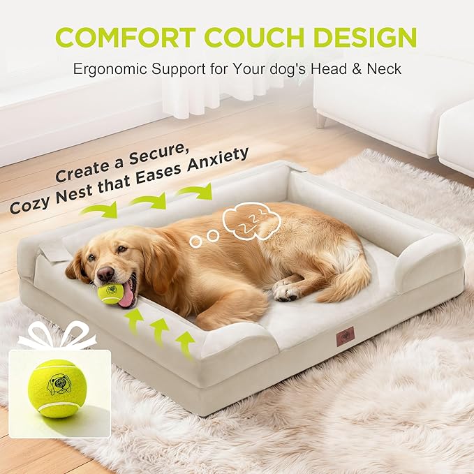 Extra Large Dog Bed, Orthopedic XL Washable Bed for Big Dog Waterproof Pet Couch Sofa Bolster with Removable Cover, Non-Slip Bottom, Tennis Ball Toy, 42x30