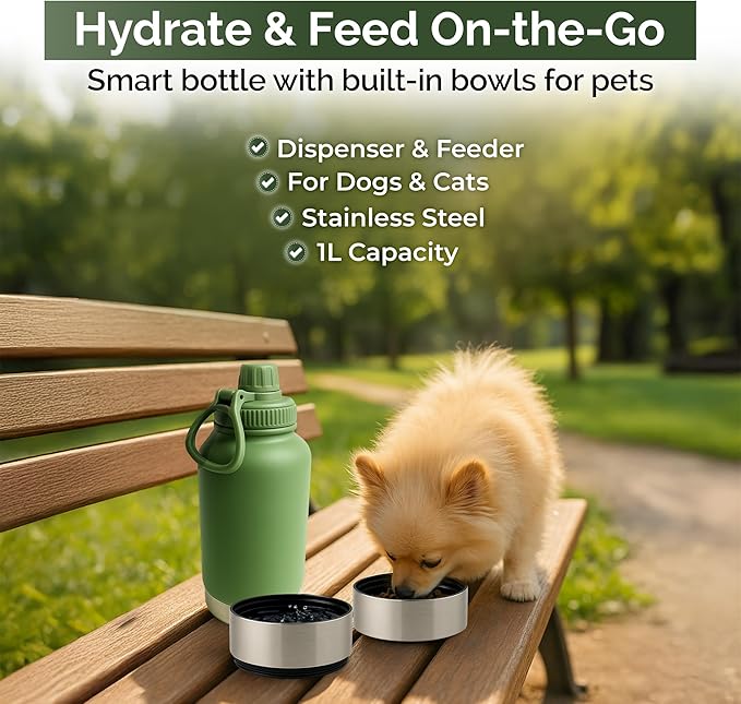 Portable Water Bottle & Feeder Bowl: Durable 2-in-1 Travel Solution with Stainless Steel, eco-Friendly Design, and Compact Portability. Perfect for Hydrating Pets on The go